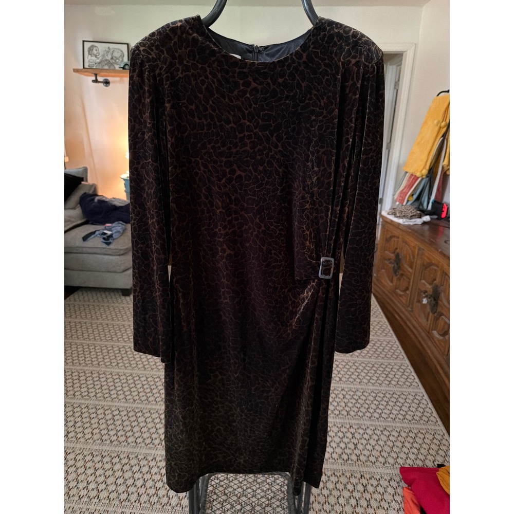 David Warren Vintage Leopard Velvet Sheath Dress Brown Long Sleeve Side Buckle